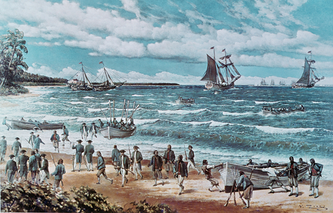 First fleet operations of the Continental Navy under Commodore Hopkins, 3rd March 1776 (oil on canvas), 1973