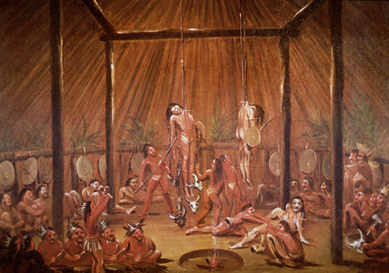 The O-Kee-Pa self-torture religious ceremony of the Mandan tribe, from a painting of c.1835 (colour litho)
