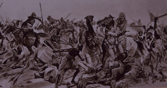 Dervish warriors at Omdurman, Charge of the 21st Lancers (litho)