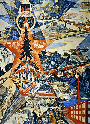 Russian poster calling for increased production in Karelia, 1926 (colour litho)