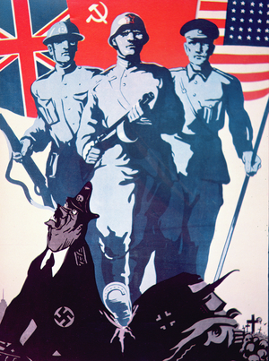 Poster promoting the Anglo-American-Soviet alliance, c.1942 (colour litho)