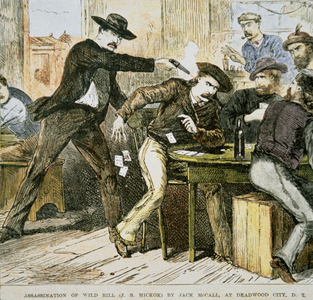 Assassination of 'Wild Bill' (W.B. Hickok) by Jack McCall at Deadwood City, Dakota Terrirory, 2nd August 1876 (colour litho)