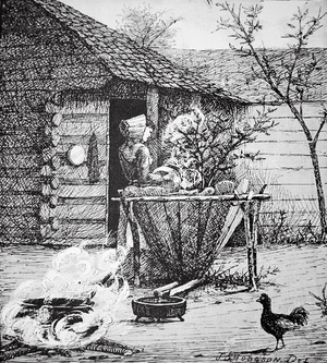 Farm scene - a woman at a washing vat, after an illustration by J. S. Hodgson (litho)