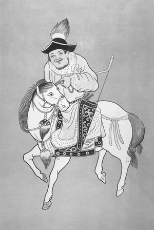 A Mongol horse archer, after a Chinese drawing (litho)