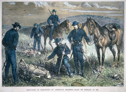 Discovery of skeletons of the bodies of American soldiers slain by Indians during the Kidder Massacre in July 1867 (coloured engraving)