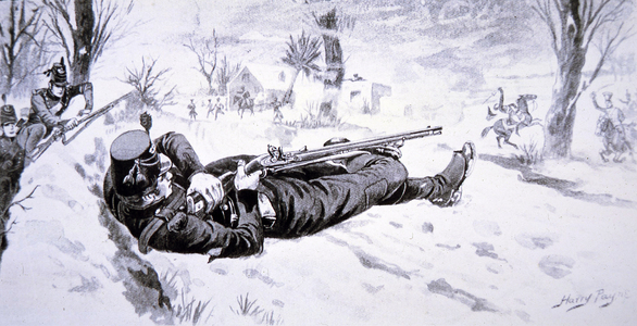 Tom Plunkett of the 95th Foot picks off French General Colbert with his Baker Rifle, during the retreat from Corunna in 1809 (litho)