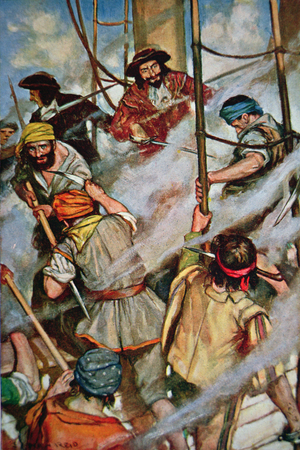 Pirates boarding a Victim Vessel (colour litho)