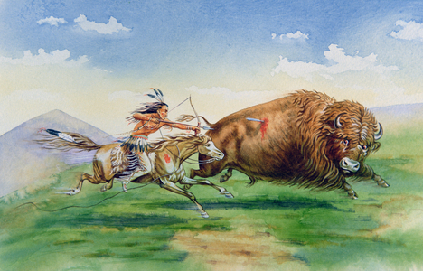 Sioux hunting buffalo on decorated pony (oil on canvas)