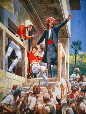 The Afghans kill Sir Alexander Burnes in Kabul, November 1841 (colour litho)