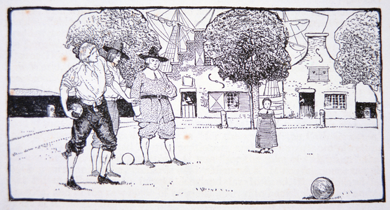 Playing bowls in New Amsterdam in the 17th century (litho)