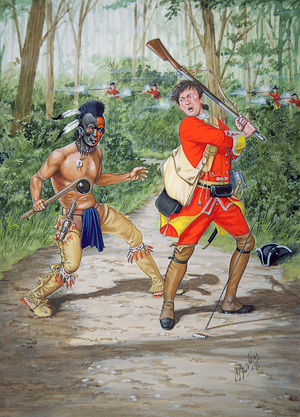 A Huron warrior versus a Private of 44th Regiment of Foot in 1755, from a set of six tableaux, 1991(colour litho)