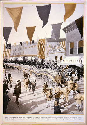 The Dragon Dance in a street procession, San Francisco c.1900 (colour litho)