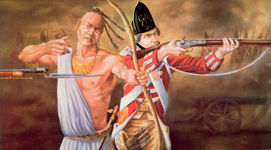 Native American Warrior fighting with British soldiers, during the American Revolutionary War (colour litho)