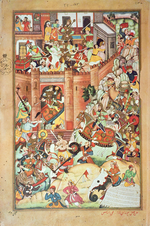 Genghis Khan captures a Chinese town, miniature from the 'Persian History of Genghis Khan' completed in 1596