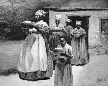 'Until dinner began to come in across the yard', slaves carry a prepared meal from a cookhouse to a plantation mansion, 1886 (engraving)