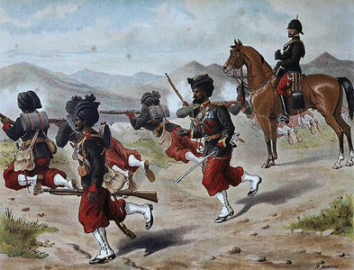 The 20th Bombay Native Infantry Field firing (Marching Order), Anglo-Indian Army of the 1880s (colour litho)
