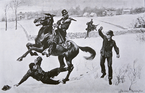 Mounted police arresting burglars in Upstate New York, c.1880 (litho)