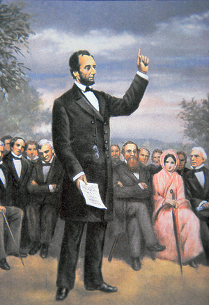Abraham Lincoln (1809-65) delivering the Gettysburg address at Gettysburg, Pennsylvania, November 1863 (colour litho)
