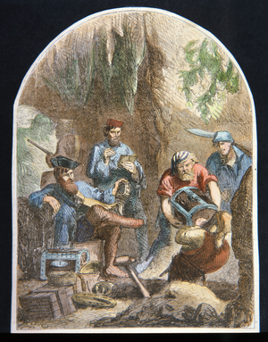 Captain William Kidd concealing treasure in a cavern, 19th century (litho)