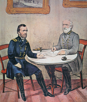 General Robert E. Lee (1807-70) surrenders to General Ulysses S. Grant (1822-85) at Appomattox Courthouse, 9th April 1865 (colour litho)