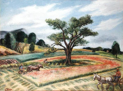 Haying in Connecticut (oil on canvas)