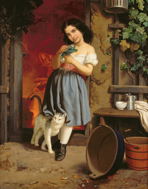 A Young Girl with a Cat, 1866 (oil on canvas)