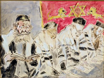In the Synagogue (w/c, gouache, oil and ink on paper)