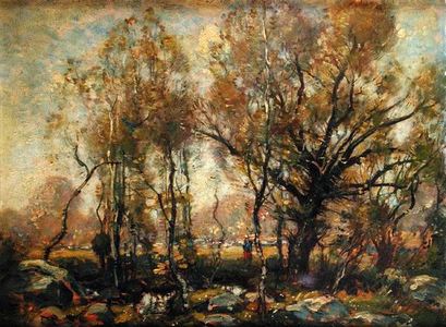 Figure in a Wooded Landscape (oil on canvas)