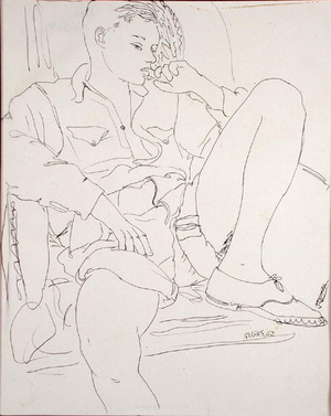Boy reclining, Torquay, 1952 (pen & ink)