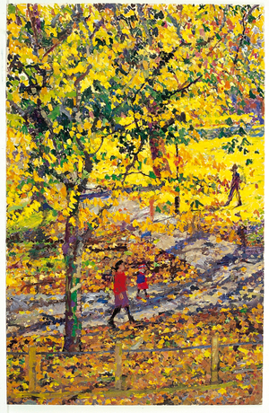 Autumn, Highbury Fields, windy day, 2001 (oil on board)