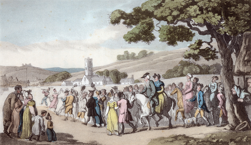 The Welcome, illustration from 'The Vicar of Wakefield' by Oliver Goldsmith, pub. Ackermann, 1817 (hand-coloured aquatint)