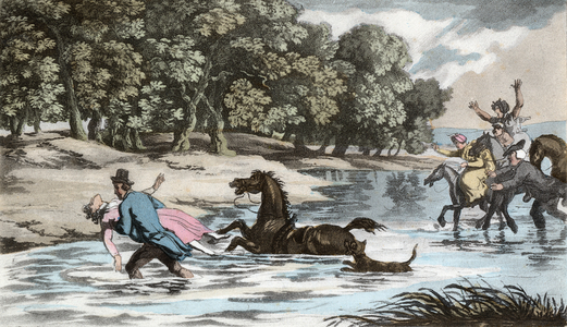 Sophia rescued from the water, illustration from 'The Vicar of Wakefield' by Oliver Goldsmith, pub. Ackermann, 1817 (hand-coloured aquatint)