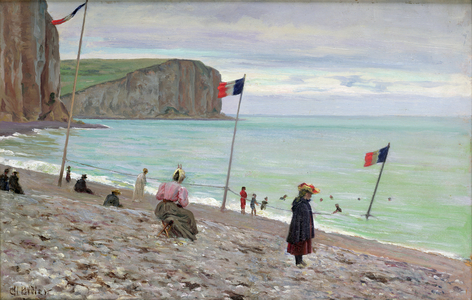 Beach scene at Fecamp, northern France (oil on panel)