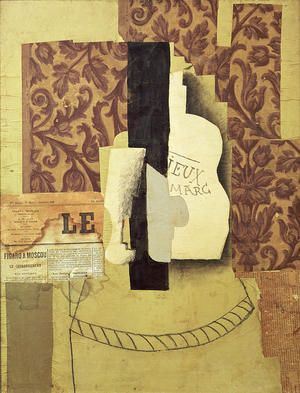Still Life with Bottle and Glass or Le Vieux Marc (paper cut-out, wallpaper, newspaper and charcoal on paper)
