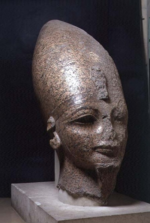 Head of Amenophis III, from Thebes, New Kingdom, c.1403-1363 BC (pink granite)