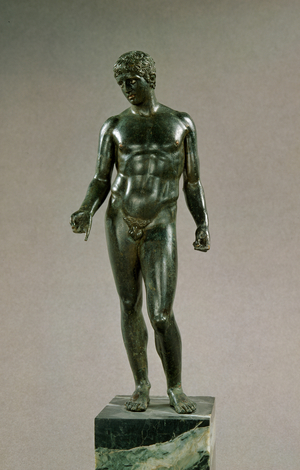 Statue of Mercury, adaptation of the Greek Discophoros of Polyclitus, Roman, 25-50 AD (bronze)