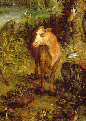 Earth or The Earthly Paradise, detail of a cow, porcupine and other animals, 1607-08 (oil on copper) (detail of 93899)