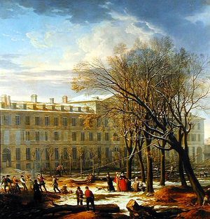 Figures Felling Trees Outside a Building in Paris (oil on canvas)