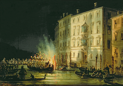 Venetian Canal at Night with Festivities and Fireworks