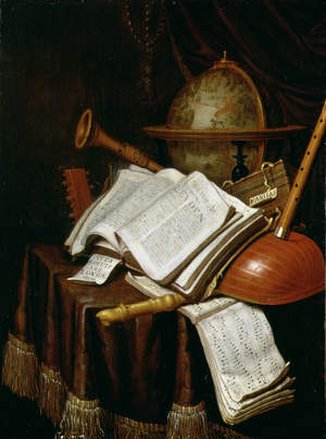 Vanitas with a globe, musical scores and instruments, 1692 (panel)