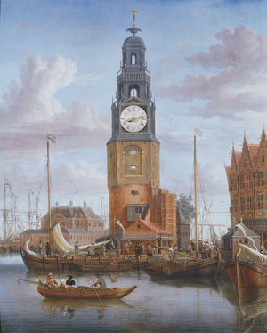 View of the Haringspacker Tower in Amsterdam, with a working clock-face set into the painting, 1684 (panel)