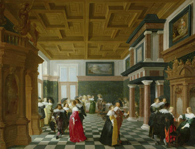 Elegant Figures dancing in an Interior (oil on panel)