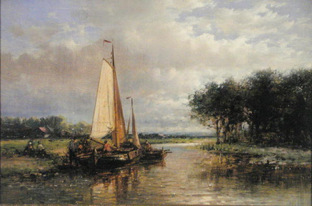 Dutch Barges on a River (oil on canvas)