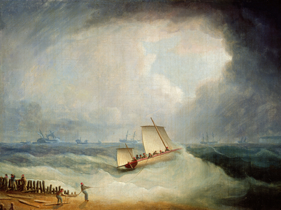 A Deal Lugger Going off to a Storm-bound Ship in the Downs, South Foreland (oil on canvas)