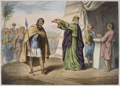 Melchizedek blessing Abraham, illustration from a catechism 'L'Histoire Sainte', published by Charles Delagrave, Paris (colour litho)
