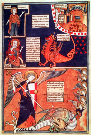Woman of the Apocalypse Being Attacked by the Seven-Headed Dragon and St. Michael Killing the Dragon, from 'Liber Floridus' by Lambert de Saint-Omer, c.1120 (vellum)