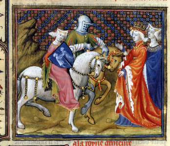 Ms Fr. 120 The Lady of the Lake Meeting Guinevere, from 'The Story of Lancelot' in 'La Quite de Saint Graal' (vellum)