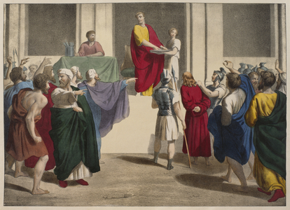 Pontius Pilate washing his hands before Jesus, illustration from a catechism 'L'Histoire Sainte', published by Charles Delagrave, Paris, late 19th century (colour litho)