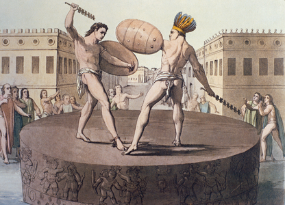 Aztec warriors in combat on a Cuauhxicalli (coloured engraving)