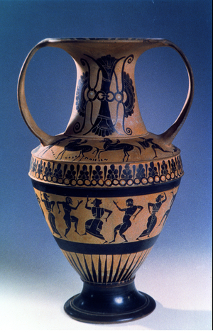 Attic black figure amphora depicting dancers, c.535-38 BC (earthenware)
